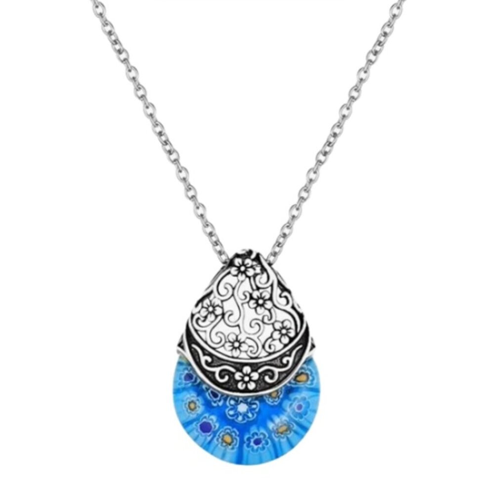 Blue Murano Style Glass Pendant Necklace for Women Daisy Flower Stainless Steel - Picture 2 of 2